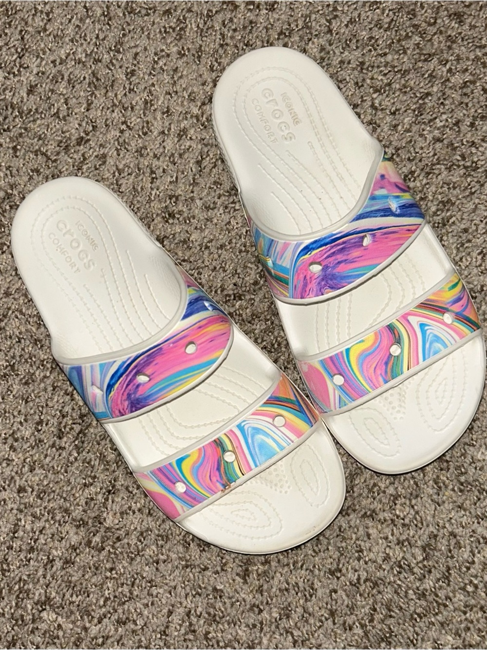 CROCS White w/ Rainbow Straps Slide Sandal